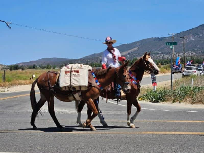 Rider on horseback leading a pack mule